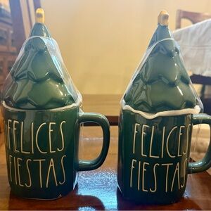 Rae Dunn Green Felices Fiestas Mugs with Tree Lids